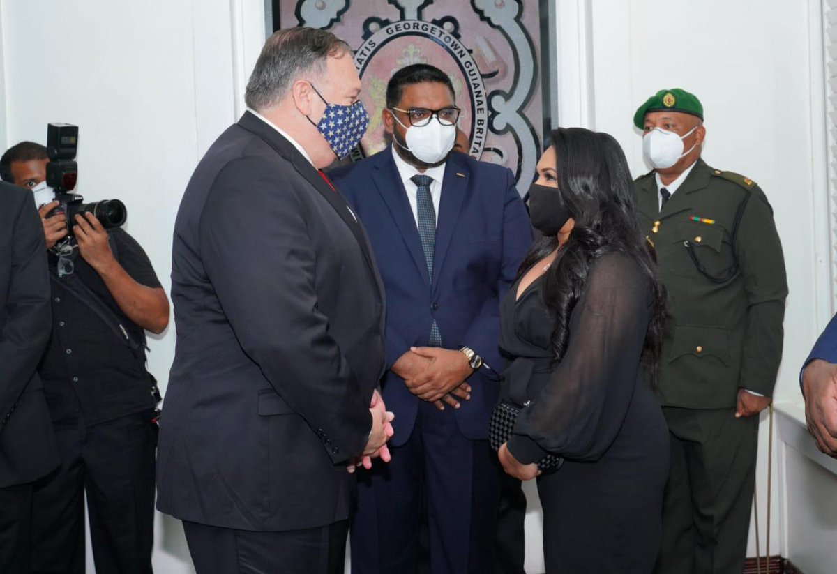 US Secretary of State Mike Pompeo meeting President Irfaan Ali and the First Lady.