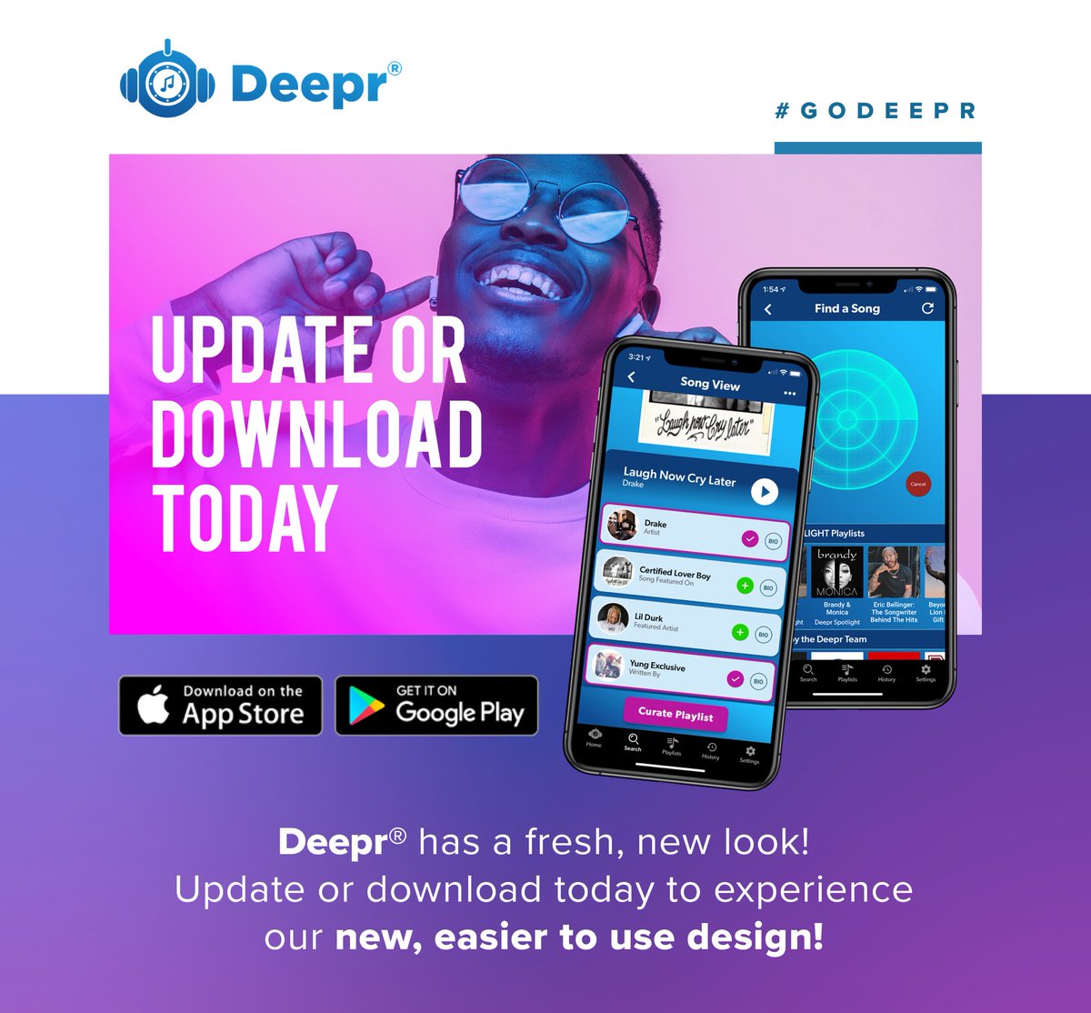 DeeprMusicApp's tweet image. With our new update, users will experience enhanced functionality, reduced clicks, and a sleek new color scheme. Diving Deepr® into your favorite hits and music creators to make playlists you love just got that much easier. #godeepr #divedeepr #music #app #musictech