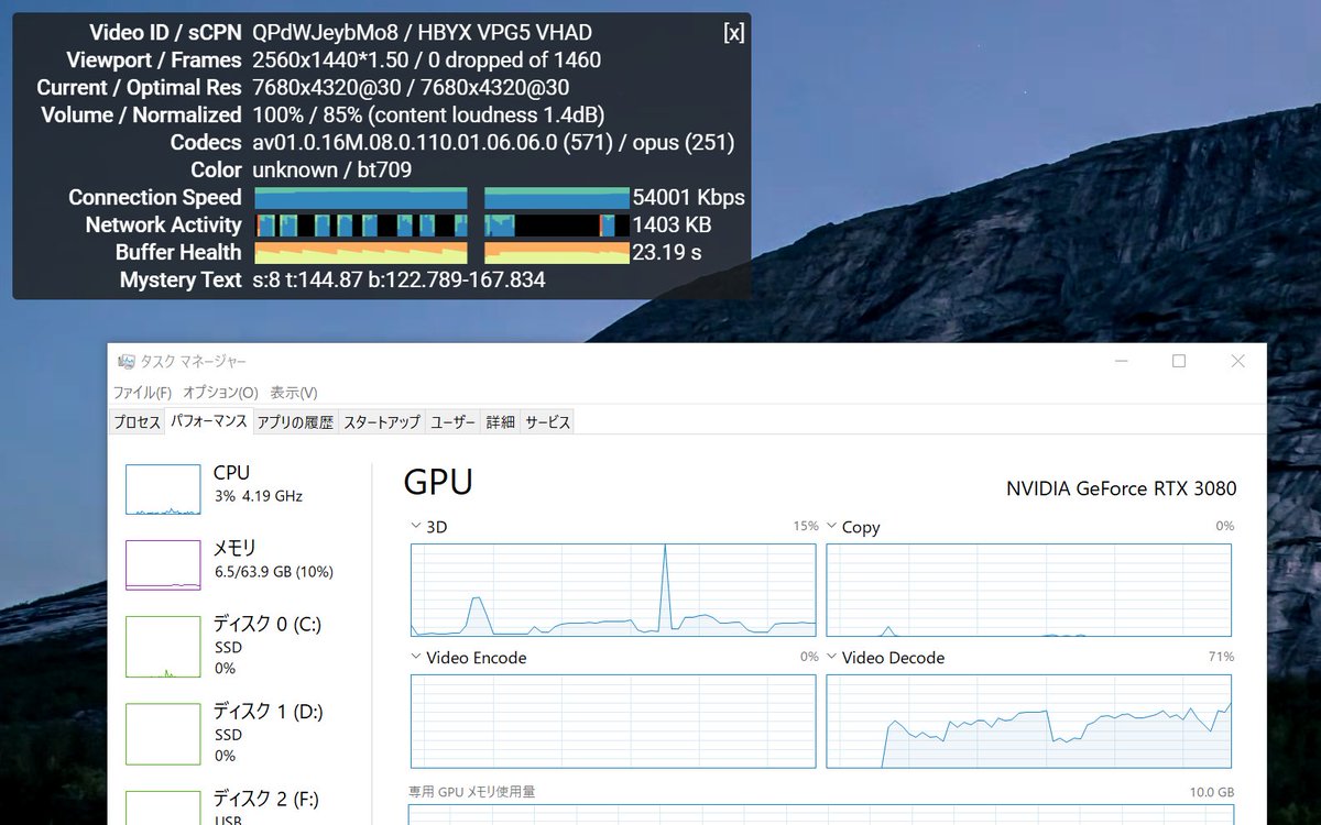 Katsuaki Kato Ktu Rtx 3080でyoutubeの8k Av1コーデックの動画 を再生させると ちゃんとgpuでデコードしてるのが分かる ネイティブ8kで出せるディスプレイが降ってこないかなぁ