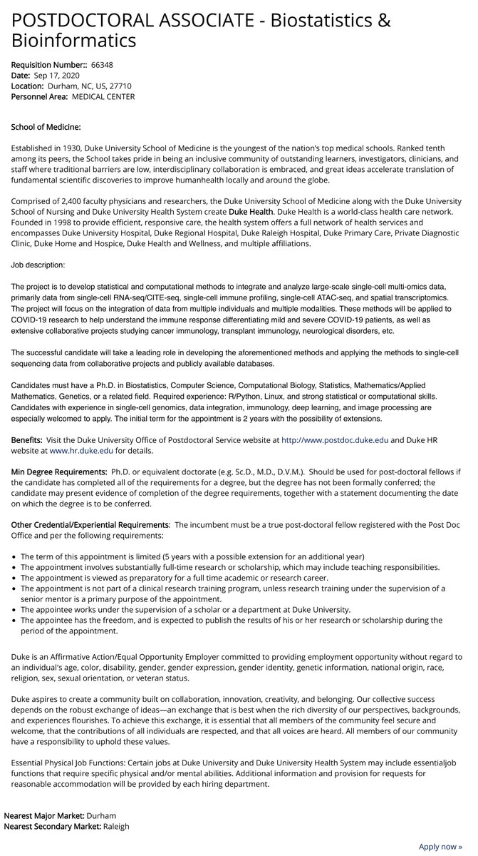 Wenpin Hou (@hwenpin) on Twitter photo #postdoc #Recruiting Dr. Zhicheng Ji at Duke Biostatistics & Bioinformatics is recruiting a postdoctoral fellow to develop methods for single-cell multi-omics data analysis and integration. Contact: zhicheng.ji@duke.edu Welcome to apply now
careers.duke.edu/job/Durham-POS… #postdoc #Recruiting Dr. Zhicheng Ji at Duke Biostatistics & Bioinformatics is recruiting a postdoctoral fellow to develop methods for single-cell multi-omics data analysis and integration. Contact: zhicheng.ji@duke.edu Welcome to apply now
careers.duke.edu/job/Durham-POS…