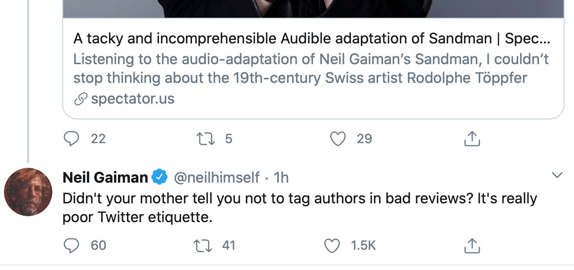 @neilhimself @SpectatorUSA @John_S_Phipps 1.5k likes in an hour as opposed to 29 in two hours. Ladies and gentlemen, Neil Gaiman wins.