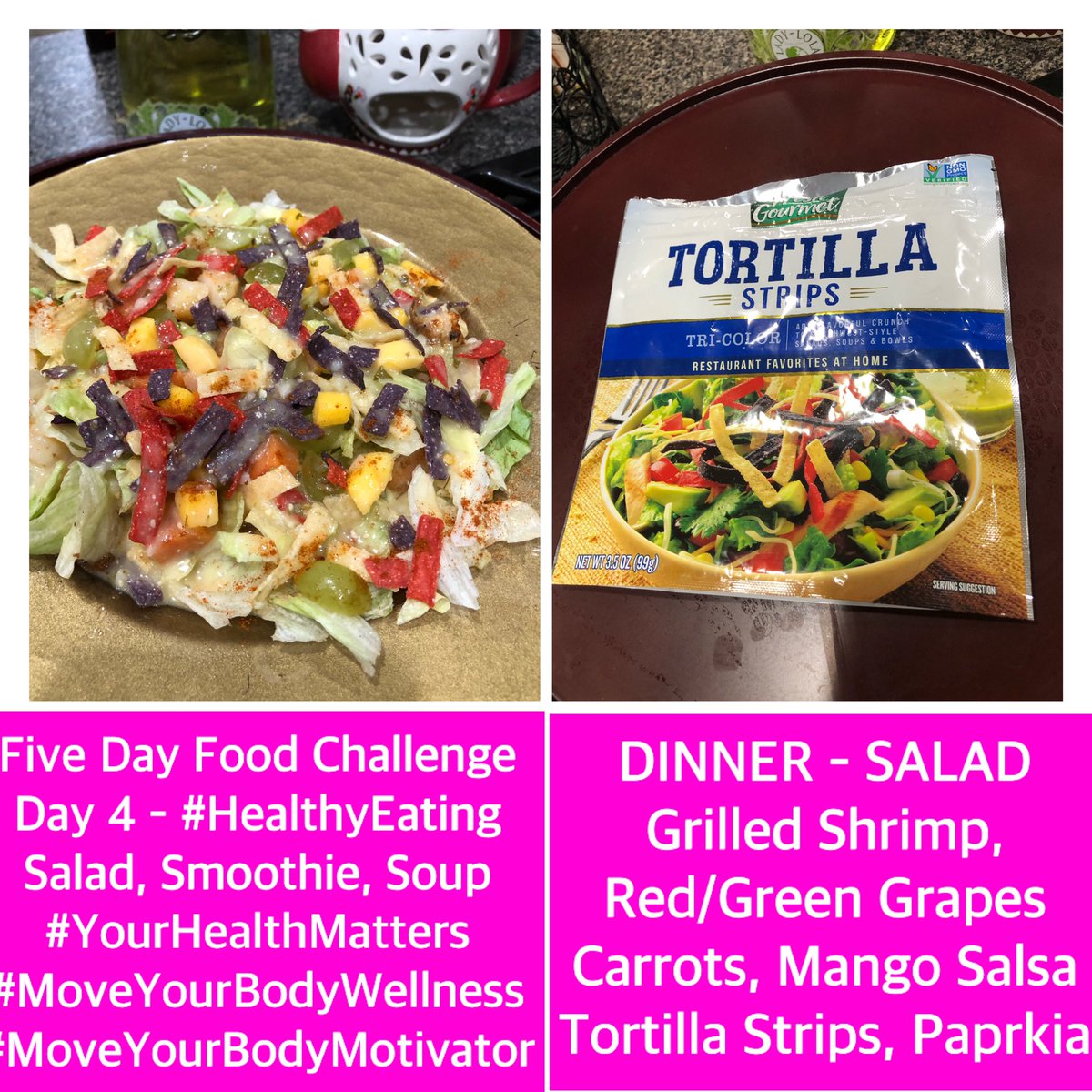 Enjoying my #HealthyEating Challenge! Five days of 
#Salad #Smoothie #Soup 

Day 4 DINNER #shrimp #carrots #grapes #mangosalsa  #tortillastrips #salad 

#SaladDays #seafood 
#nutrition #healthylifestyle #HealthyFood #YourHealthMatters #WellnessAdvocate #MoveYourBodyWellness