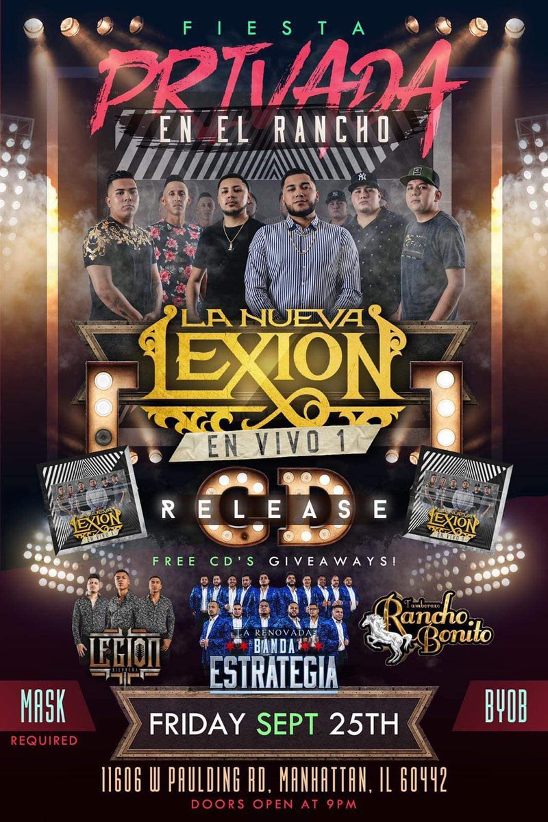 _masmusic's tweet photo. 💿📀La nueva lexion’s CD Release 💿📀
        
🗓Friday September 25th 🗓
🤠La Fiesta Privada En El Rancho 🤠

📍11605 W Pauling RD. Manhattan, IL 60442📍
🍾BYOB🍾

Tocando En Vivo:
Renovada Banda Estrategia 🎺
La Nueva Lexion 🎤
Legion Sierreña 🎸
Tamborazo Rancho Bonito 🎷 https://t.co/XK4DiG2y2n