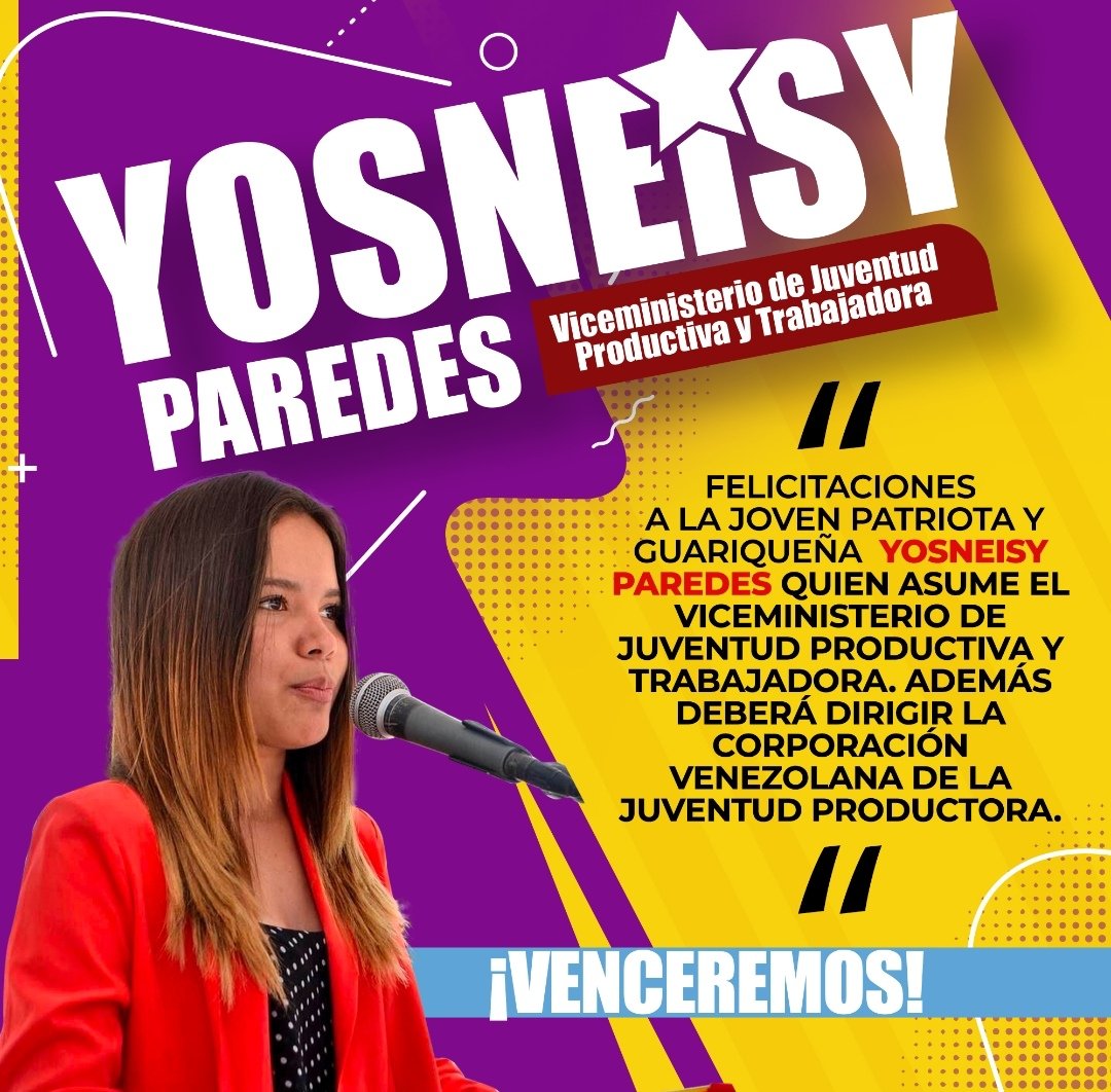 Desde la <a href="/Vicemujerguari1/">Vicemujerguarico</a> felicitamos a la joven Guariqueña <a href="/YosneisyParedes/">Yosneisy Paredes</a> por asumir el Viceministerio de Juventud Productiva y Trabajadora.
🇻🇪👍#Felicitaciones 
<a href="/NicolasMaduro/">Nicolás Maduro</a> <a href="/josemvasquez/">José Vásquez</a> <a href="/Gob_Guarico/">Gobierno de Guárico</a> <a href="/eduardopiate2/">eduardo piñate</a>
