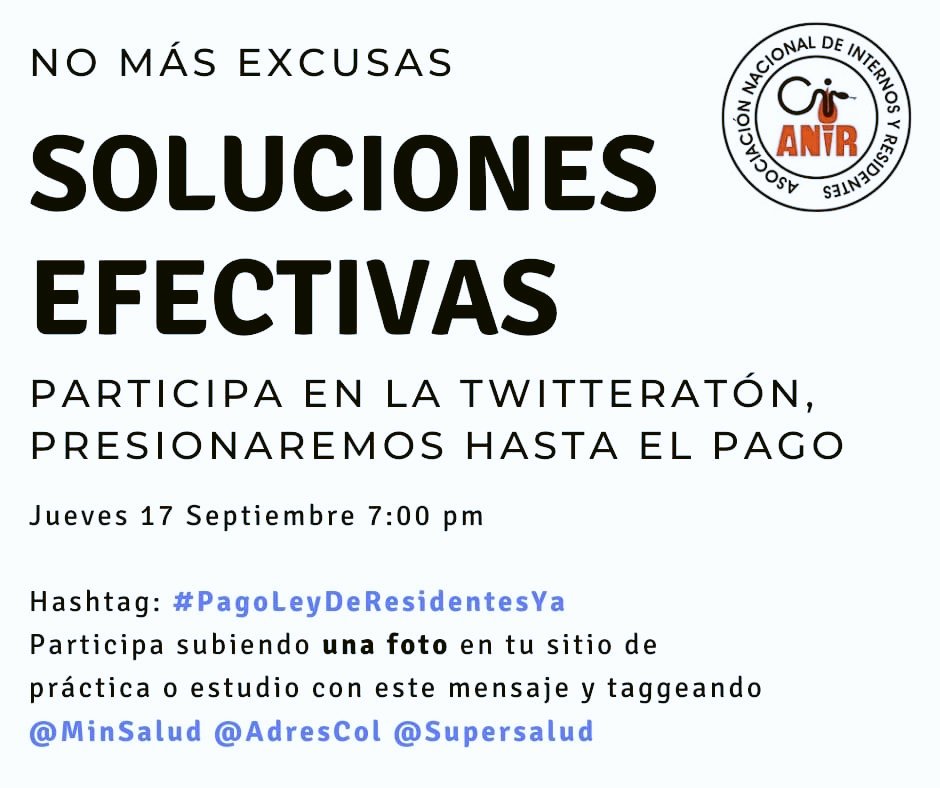 AnaMGD4's tweet photo. Seguimos esperando el pago de todos los médicos residentes. #PagoLeyDeResidentesYA @Citytv @MinSaludCol @CaracolRadio @elespectador @RevistaSemana @ELTIEMPO @NoticiasUno @NoticiasRCN https://t.co/ogJKI3RKXK
