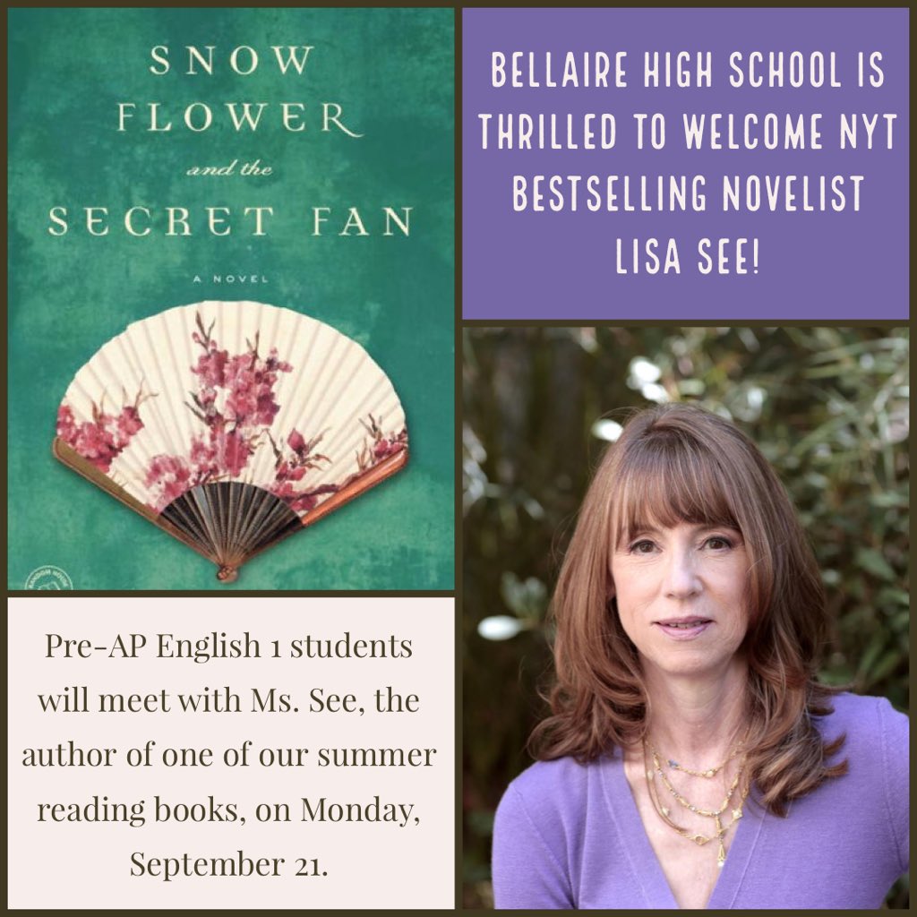 lizmchapman's tweet photo. Pandemic learning silver-lining: @BellaireHigh students will get to meet (virtually!) the author of one of summer reading books, @Lisa_See! Students are ready to ask her questions about the novel and her research and writing process. ๐ป๐๐ https://t.co/TAjvk74fu0