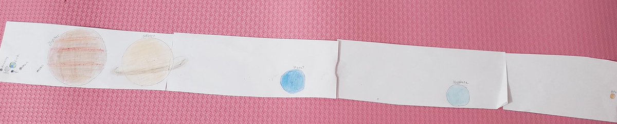 key_stem's tweet photo. Creating 2D models of the planets (and Pluto!) using 100 x 10 cm paper and proportions. I love how the students react to seeing the difference between inner and outer planets in our solar system. Still doing STEM projects while virtual! @STEMcobb @McClureMavs https://t.co/DMC318j6ms