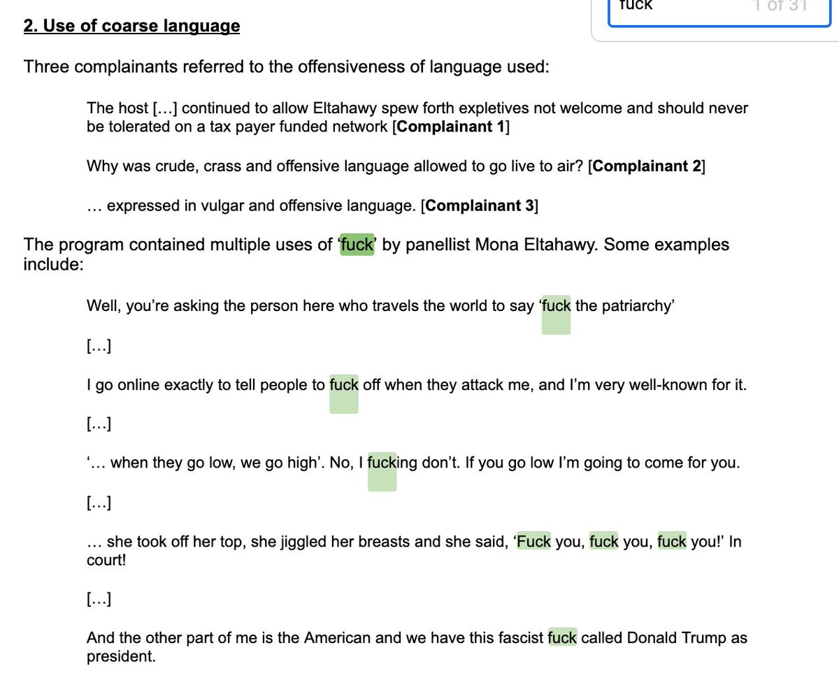 The ACMA also looked at complaints of “coarse language.” I said “Fuck” 10 times. They listed some of them. Can you imagine the discussions they had as they tried to figure out which “Fuck” was too much?!