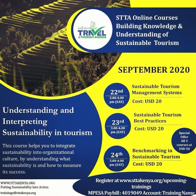 STTAKenya's tweet photo. In 2019, we reached out to over 300 businesses &amp; destinations with training, and many now act from a place of leadership in #sustainabletourism. 

Join us for September trainings, to build your knowledge and understanding of #sustainabletourism.

#sttaconsulting #sttatraining https://t.co/3WUfM16sbw