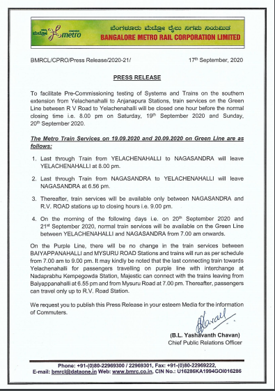 DarshanDevaiahB's tweet image. #Bengaluru Metro services between #RVRoad and #Yelachanahalli on Green Line will shut at 8 pm on this  Saturday and Sunday, instead of 9 pm as the BMRCL will begin further tests on the Phase 2 extension from Yelachenahalli to Anjanapura metro line. @IndianExpress