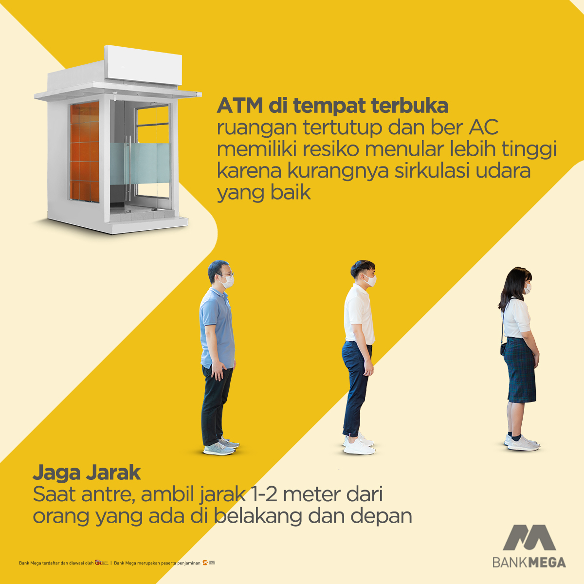 BankMegaID's tweet image. Kalau harus pergi ke ATM, tetap ikuti protokol kesehatan yang berlaku ya. Ada juga beberapa hal yang harus diperhatikan untuk mengurangi resiko penularan, berikut #MegaTips yang bisa kamu lakukan saat akan tarik tunai atau bertransaksi di ATM.

_____
#BankMega