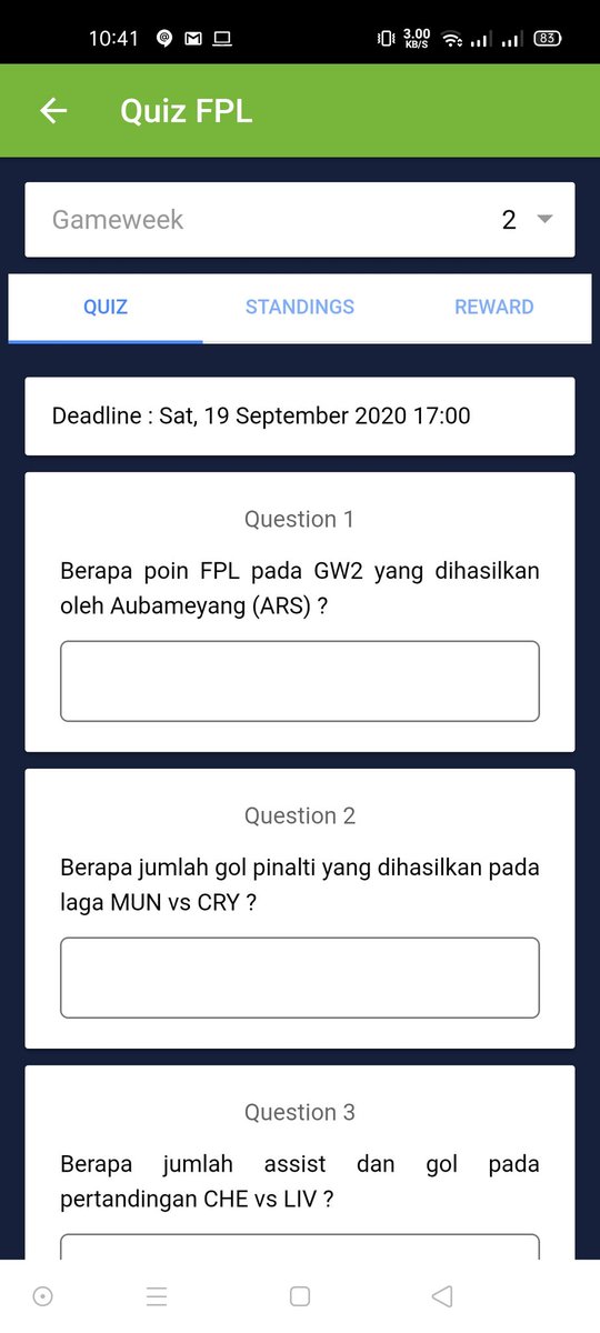 Tactical Fantasy FPL Apps (@fantasytactical) on Twitter photo Quiz GW2
Yuk jawab quiz Gameweek 2 dan menangkan hadiah ovo/gopay sebesar 50rb rupiah.
Untuk Quiz GW1 pemenangnya adalah Yogi Hardiansyah (id FPL 517548) please DM untuk pemberian rewardnya
<a href="/KoFPLI/">Komunitas FPL Indonesia</a> <a href="/ZaviroFPL/">FPL Indonesia ๐ฎ๐ฉ</a> <a href="/FPL_Bechanda/">FPL Bechanda</a> <a href="/estigabola/">FPL Estigabola</a> <a href="/DaengFPL/">Daeng FPL ๐ฎ๐ฉ</a> <a href="/FPLCELEBES/">Fantasy Premier League</a> @Anyaselalubenar Quiz GW2
Yuk jawab quiz Gameweek 2 dan menangkan hadiah ovo/gopay sebesar 50rb rupiah.
Untuk Quiz GW1 pemenangnya adalah Yogi Hardiansyah (id FPL 517548) please DM untuk pemberian rewardnya
<a href="/KoFPLI/">Komunitas FPL Indonesia</a> <a href="/ZaviroFPL/">FPL Indonesia ๐ฎ๐ฉ</a> <a href="/FPL_Bechanda/">FPL Bechanda</a> <a href="/estigabola/">FPL Estigabola</a> <a href="/DaengFPL/">Daeng FPL ๐ฎ๐ฉ</a> <a href="/FPLCELEBES/">Fantasy Premier League</a> @Anyaselalubenar