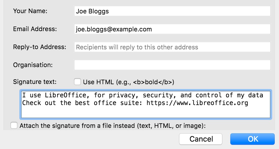 LibreOffice's tweet image. Help to spread the word about LibreOffice, free software and open standards – mention it in your email signature! It&apos;s super quick and easy to do: blog.documentfoundation.org/blog/2020/09/1…