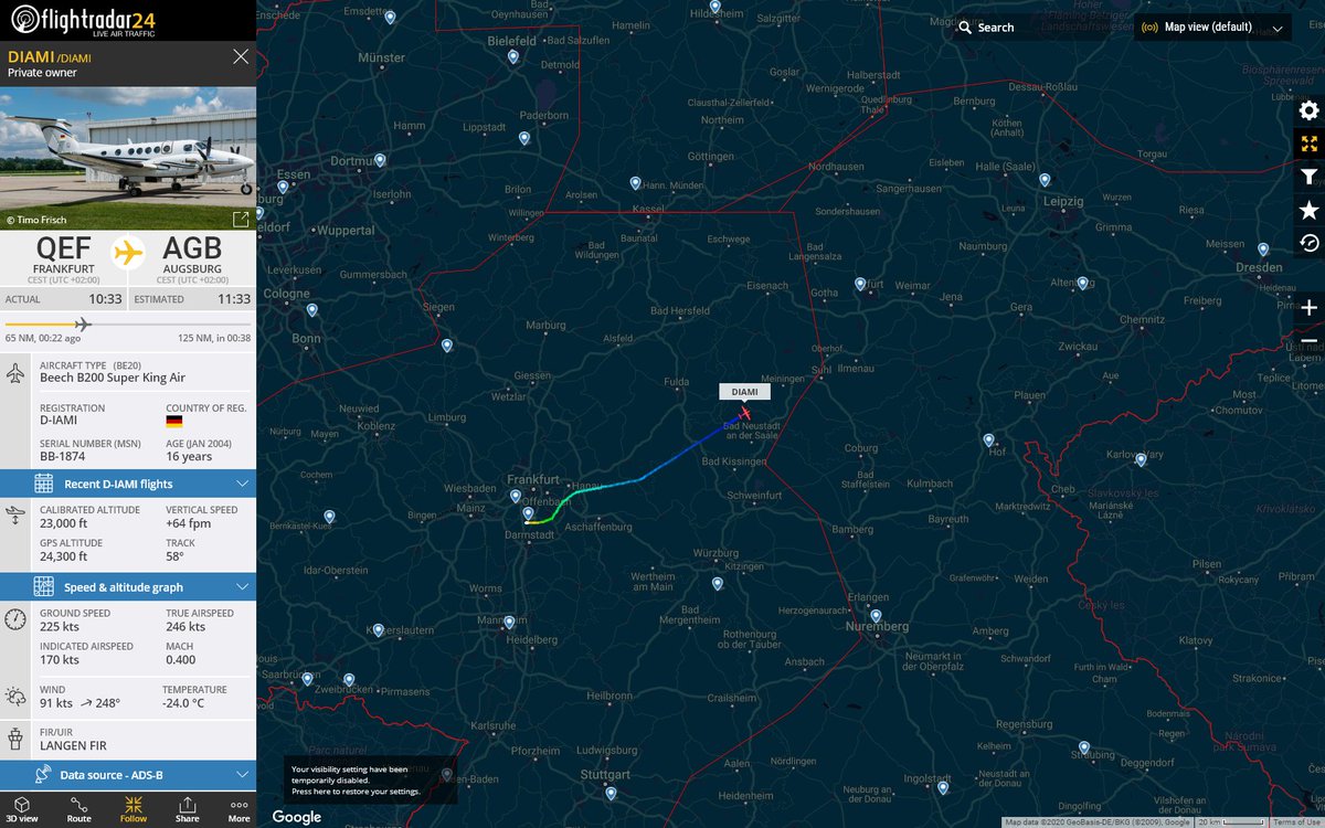 Radar_Assistant's tweet image. TRACK ALERT : At Fri Sep 18 09:54:00 2020 #DIAMI from QEF (57nm) to AGB (123nm) has geo track of 162 but is heading 58 diff of 104 #AvGeek #ADSB flightradar24.com/DIAMI/2589055e