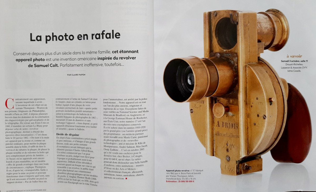 TylskiA's tweet photo. Cette semaine dans la @gazette_drouot, l'appareil-photo révolver (inspiré du révolver de Samuel Colt) inventé par #WarrenThompson et breveté en 1862 (plus compact encore que le Pistolgraph de #ThomasSkaife). Échec ! Ça fait alors trop peur. Lire ici: https://t.co/YwxZSZN5Yu https://t.co/6hn4038PN2