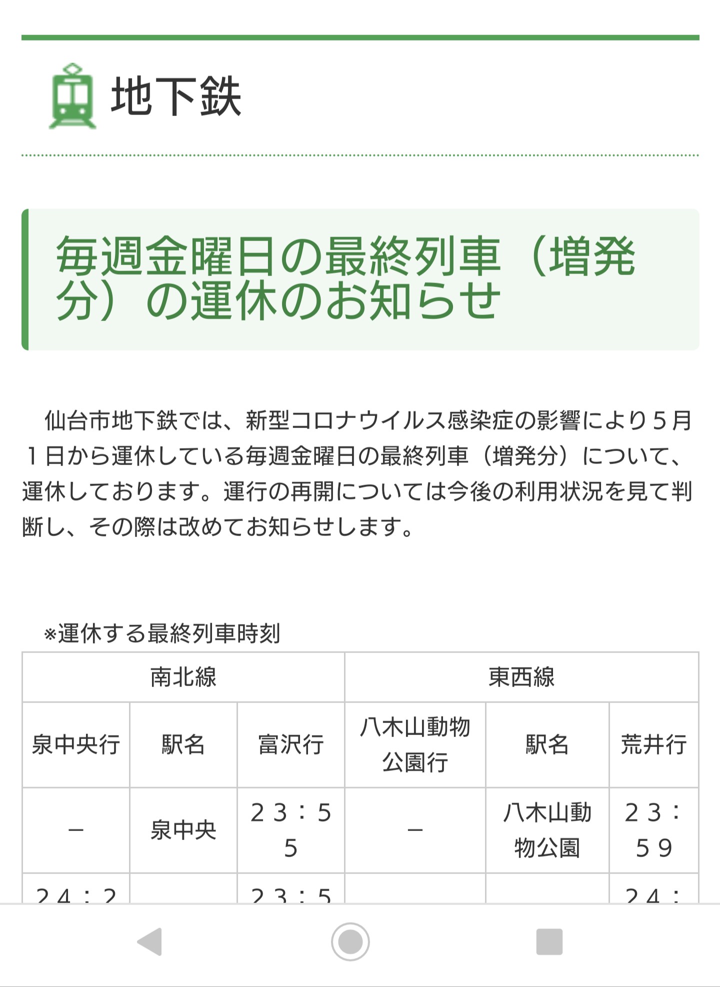 仙台市交通局 On Twitter 地下鉄運行情報 本日 金曜日 の 最終電車 にご注意ください 金曜日のみ運行しておりました最終電車を5 1から運休しています 運休により金曜日の最終電車は月 木曜と同じ時刻となりますご注意ください 詳しくはホームページを