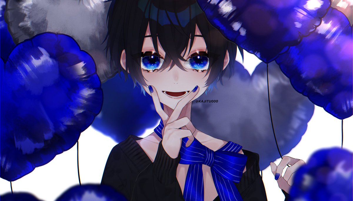 balloon blue eyes male focus solo 1boy looking at viewer open mouth  illustration images
