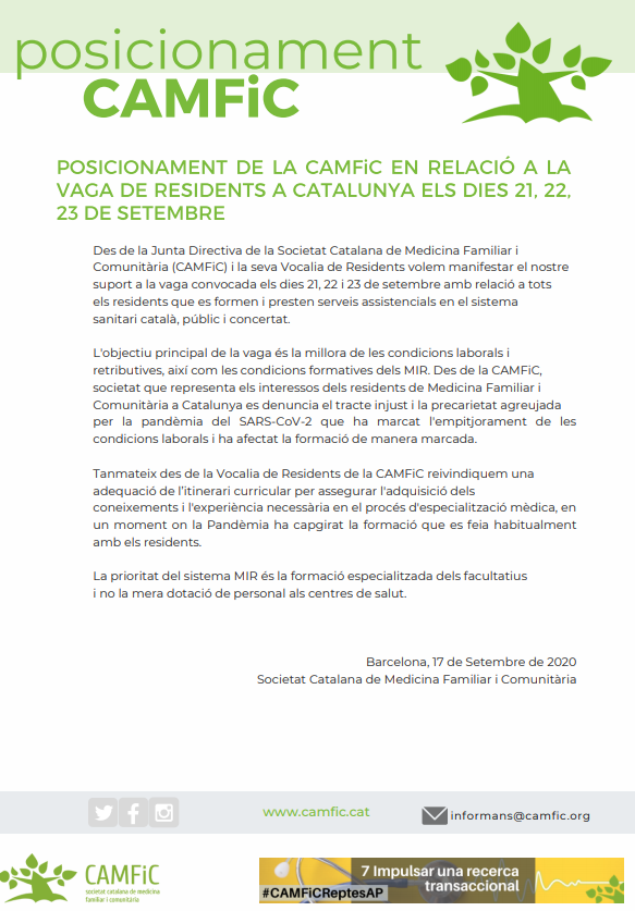 CAMFiC's tweet photo. 📍POSICIONAMENT DE LA @CAMFiC EN RELACIÓ A LA VAGA DE RESIDENTS A CATALUNYA ELS DIES 21, 22, 23 DE 
SETEMBRE  @residentscamfic

📲https://t.co/R7qb82hjIa https://t.co/jceKLx1o4o