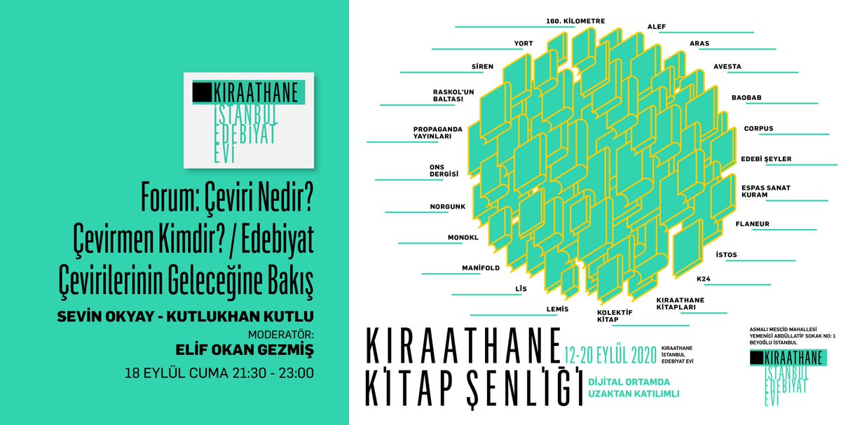 #KıraathaneKitapŞenliği'nde çevirinin geleceğini konuşuyoruz. Elif Okan Gezmiş'in moderatörlüğünde, Sevin Okyay ve Kutlukhan Kutlu'nun konuşmalarıyla başlayacak olan çevirmenler forumuna çeviri üzerine kafa yoran herkes davetli.
zoom.us/j/99634116233
Webinar ID: 996 3411 6233