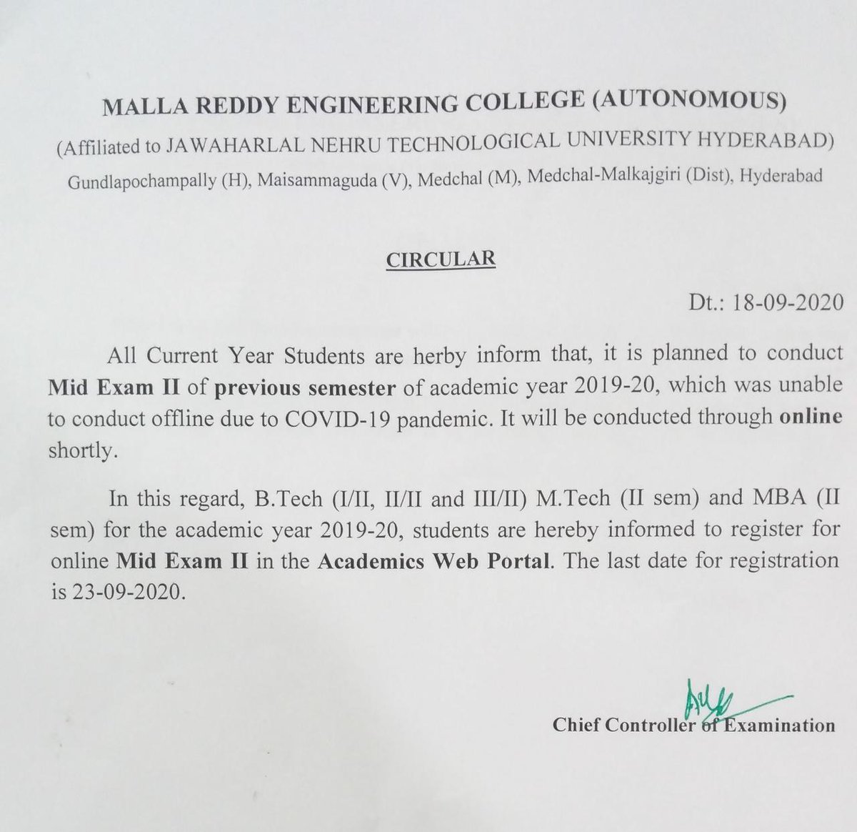 mrecianz's tweet photo. My college MREC (mallareddy engineering College) gave notice on exams.This is officially announced notice about mid and semester exams.. please respond to this sir @KTRTRS @SabithaindraTRS @V6News @SonuSood @TV9Telugu @abntelugutv @BabuNuvuBtechAh @NtvTeluguLive @ https://t.co/Iv7vQELSQ1