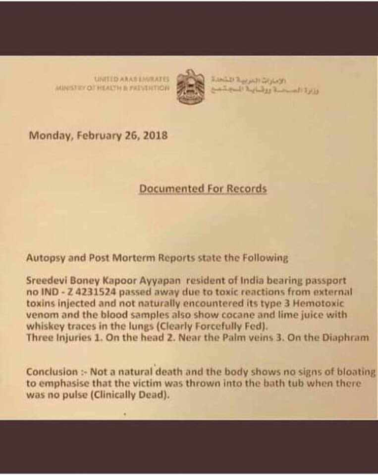 Bakshi_MK's tweet photo. What is the govt. of India reaction to this P.M. report prepared by authorities in Dubai on death of Sridevi W/O: Boneyards Kapoor.? https://t.co/XB3L5xYRu1