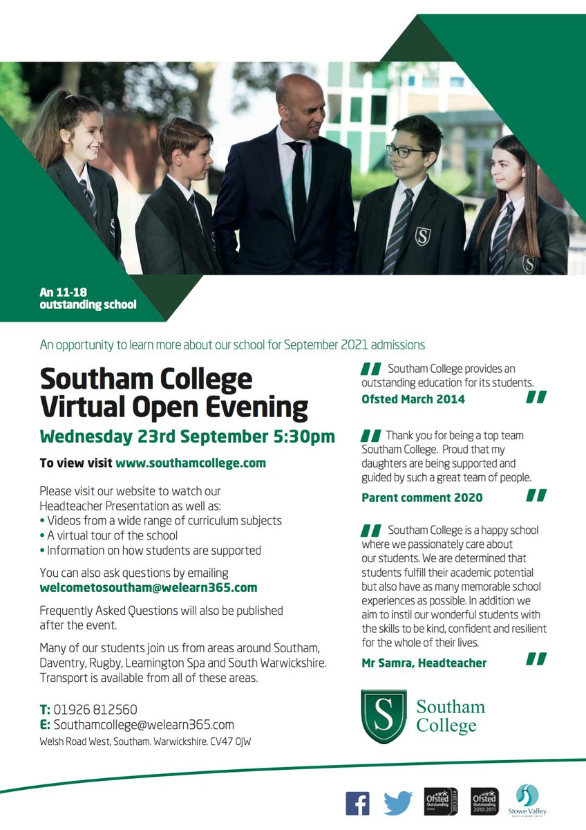 Southam College Virtual Open Evening 

Wednesday 23rd September 5:30pm 

To view visit southamcollege.com