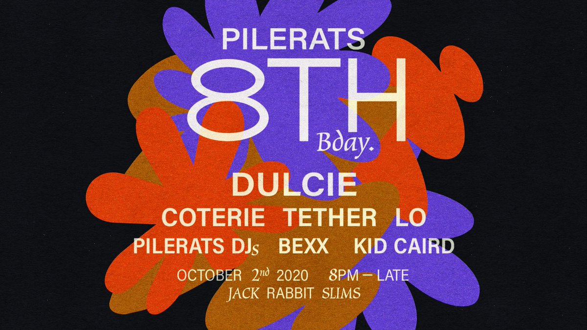 We're turning 8 and having a party to celebr-8! 🥳  Announcing the Pilerats 8th Birthday, coming this October 2nd featuring some of the best WA talent there is: <a href="/dulcie_music/">Dulcie</a>, <a href="/coterieband/">COTERIE</a>, <a href="/TetherOfficial/">Tether</a> and Lo, plus more!

Tix on sale now! ➡️ bit.ly/Pilerats8thBday.