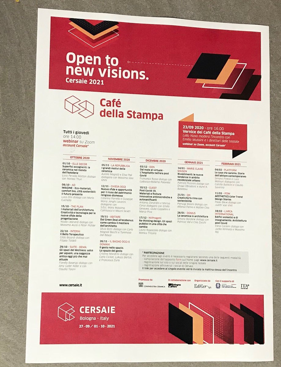 DiBaioEditore's tweet photo. Vernice dei Caffè della Stampa ORE 16.00- Open to new vision - CERSAIE 2021  - tutti i giovedì ore 14 webinar su Zoom / account Cersaie : in particolare il 12 novembre CHIESA OGGI : nuove sfide e opportunità per il riuso del patrimonio religioso dismesso / https://t.co/k6MD0hcCqA