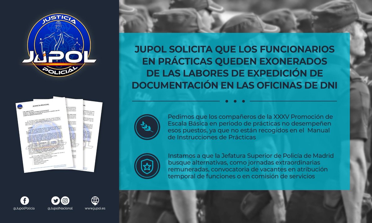 JupolNacional's tweet photo. 🔷JUPOL Solicita que los POLICÍAS en PRÁCTICAS queden exonerados de las labores de expedición de Documentación en las Oficinas de #DNI.

🔹Los COMPAÑEROS en PRÁCTICAS de la #PromociónXXXV están en PERIODO DE FORMACIÓN.

🔹Instamos a la @info_dgp que busque alternativas.
#XXXV https://t.co/yXDJ1zlCrs