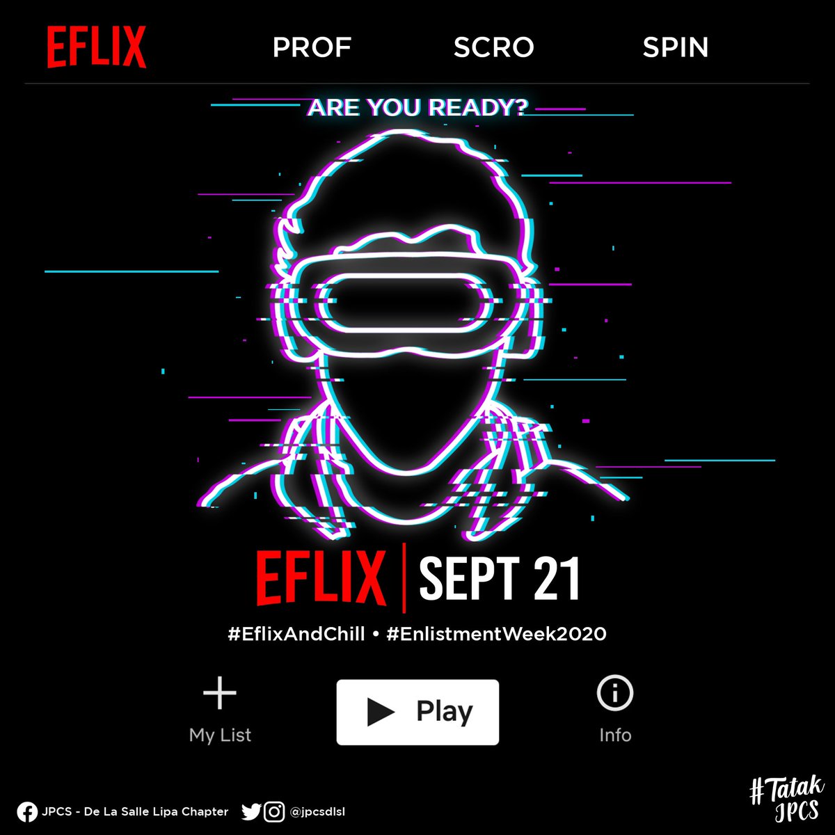 jpcsdlsl's tweet photo. Popcorn, check.
Chips, check.
Favorite drink, check.
Chill spot, check.
Ready to escape from the real world, check???
Streaming soon.
#TatakJPCS
#EflixandChill
#EnlistmentWeek2020
Layout by Joseph Renzo Baldovino https://t.co/NM24Oo3z7o