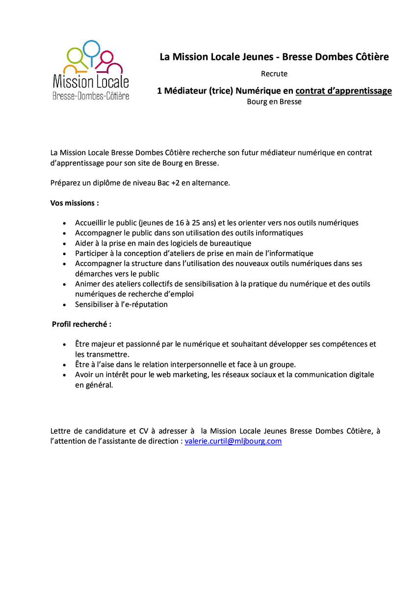 La Mission Locale Jeunes Bresse Dombes Côtière recherche son futur Médiateur / Médiatrice numérique en contrat d'apprentissage 👍 
#missionlocalejeunesbressedombescotiere #numérique #emploi #apprentissage #bourgenbresse
