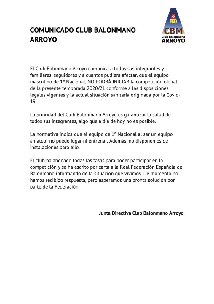 BMArroyo's tweet photo. ➡️ COMUNICADO OFICIAL DEL CLUB BALONMANO ARROYO 

https://t.co/fkoIdNTcQi https://t.co/NjWiFzYCo2