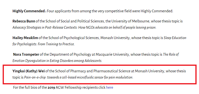 KathyWei_'s tweet photo. One of the four Highly Commended for the 2020 Australian Graduates Women Fellowship~ 😆

Not bad, considering it's my first real attempt at writing grant application! https://t.co/FDVonu3XFJ