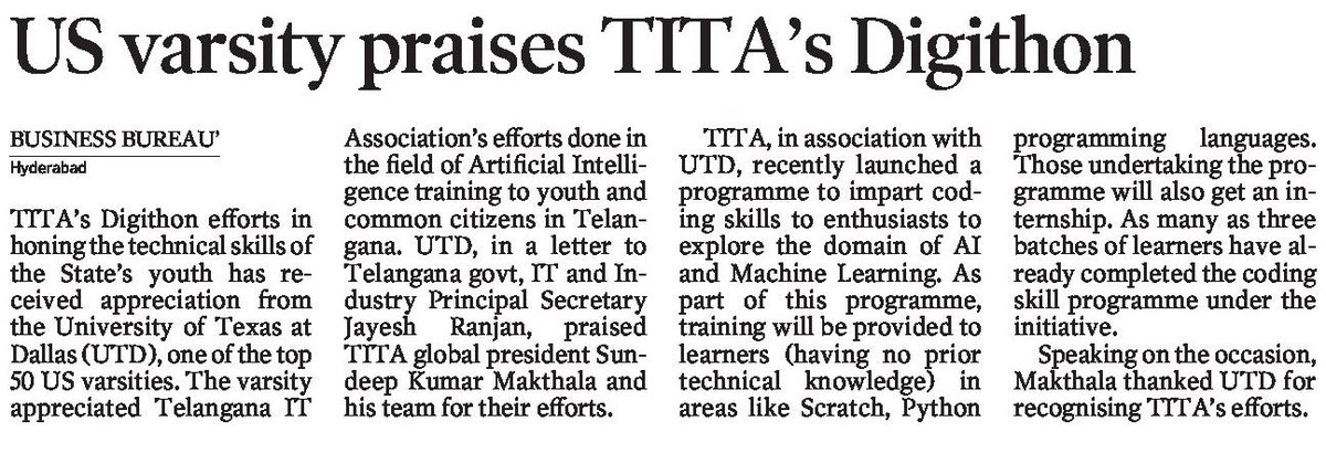 @UT_Dallas appreciates 8week #ArtificialIntelligence IPT & Internship program by @IndiaDigithon under #Telangana Government's 2020 #YearOfAI initiative. 

Kudos @KTRTRS @jayesh_ranjan @EmergingTechTS @RamadeviLanka @sundeepmakthala 👏👏

@Ai4Youth @OfficialIndiaAI @KonathamDileep