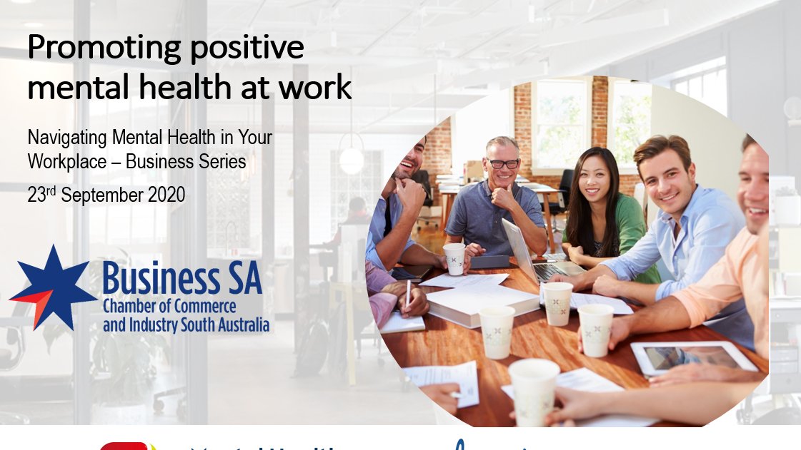 South Australian Business Chamber (@business_sa) on Twitter photo FREE WEBINAR: Wednesday 23 September 10am. 💻
Find out how you can promote positive #mentalhealth at work and help your staff thrive in this #webinar presented with <a href="/ReturnToWorkSA/">ReturnToWorkSA</a>, <a href="/SuperFriendMHF/">SuperFriend</a> and Mental Health Commissioners SA.
Register here: bit.ly/2ZOGCf1 FREE WEBINAR: Wednesday 23 September 10am. 💻
Find out how you can promote positive #mentalhealth at work and help your staff thrive in this #webinar presented with <a href="/ReturnToWorkSA/">ReturnToWorkSA</a>, <a href="/SuperFriendMHF/">SuperFriend</a> and Mental Health Commissioners SA.
Register here: bit.ly/2ZOGCf1
