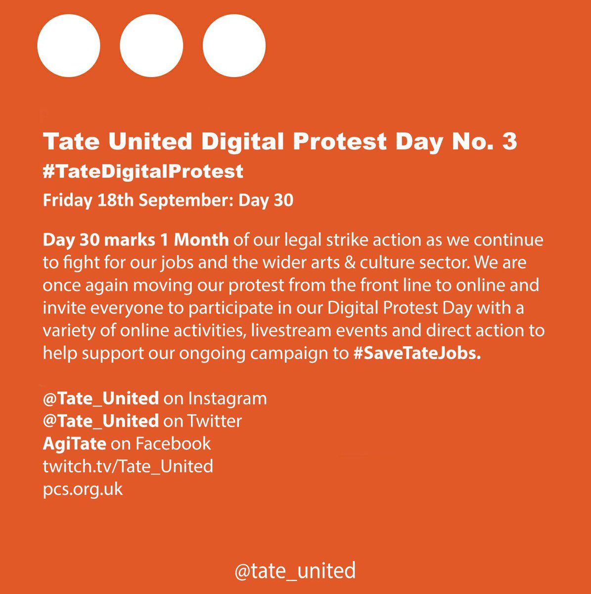 Tate_United's tweet photo. โ๐ฉ๐ผโ๐ป Welcome to Tate Unitedโs #TateDigitalProtest Day #3! See below for ways to participate and our schedule of IG Live chats with artists and other union representatives.
Today is Strike Day #30, join us on the digital picket line to show your support for One Month of Strike! https://t.co/nPbN2el5t8