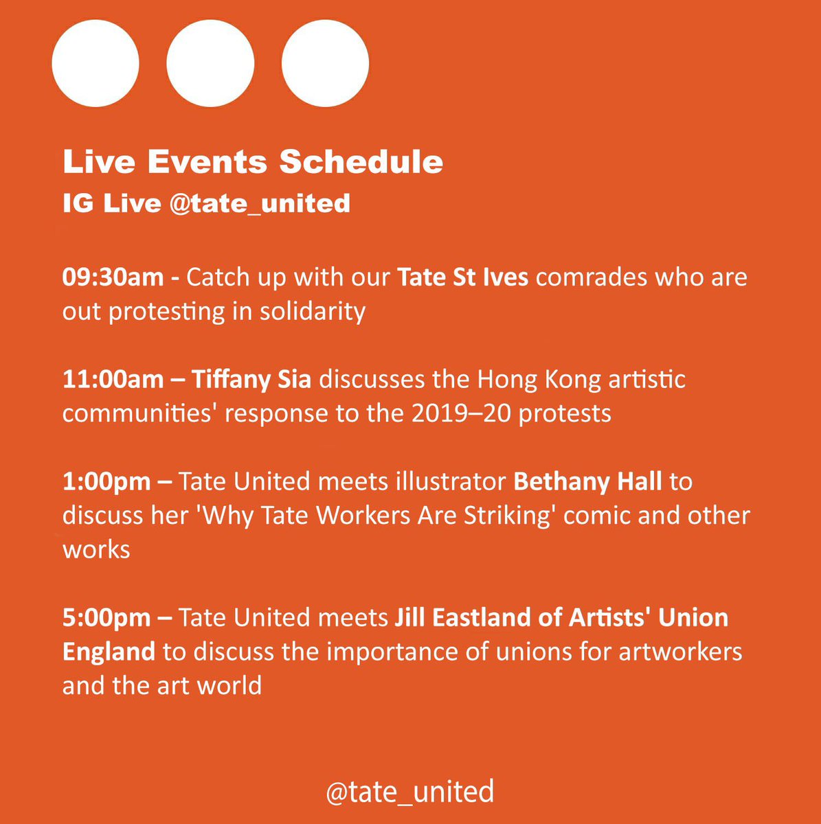 Tate_United's tweet photo. โ๐ฉ๐ผโ๐ป Welcome to Tate Unitedโs #TateDigitalProtest Day #3! See below for ways to participate and our schedule of IG Live chats with artists and other union representatives.
Today is Strike Day #30, join us on the digital picket line to show your support for One Month of Strike! https://t.co/nPbN2el5t8