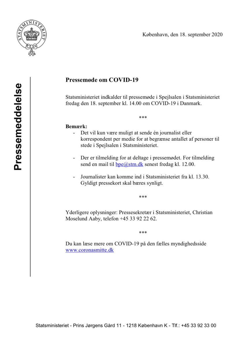 Statsmin's tweet photo. Statsministeriet indkalder til pressemøde i Spejlsalen kl. 14.00 om COVID-19. Tilmelding senest kl. 12.00 for journalister med gyldigt pressekort. #dkpol https://t.co/nogxNJiI44