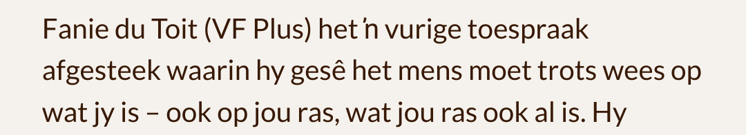 AfrikanerWatch's tweet photo. Fanie du Toit (@VFPlus) sê presies wat die ANC wil hoor: rasretoriek van Afrikaners. Hierdie aanhaling gaan lekker rol in die diplomatieke verkeer en bemoeilik die groei van internasionale steun vir Afrikaners.

Afrikaner-etnisiteit kan benadruk word, maar moenie ras insleep nie! https://t.co/n73Uxz1B0a