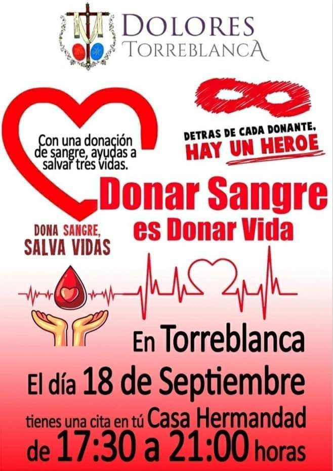 Llegado Septiembre, con la vuelta al trabajo y a los colegios, volvemos a solicitaros la solidaridad de TORREBLANCA, como siempre sabéis: DONANDO SANGRE.

Es obligatorio llevar mascarilla, mantener el 1.5m de distancia y llevar un bolígrafo propio para firmar la hoja de donación.