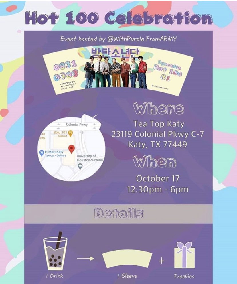 wpurple_farmy's tweet photo. Hello ARMYs~ We hope you can join our Hot 100 #1 celebration at Tea Top Katy! Please keep in mind that this event will be a grab and go due to the ongoing pandemic. More information about our online and offline events will be posted soon! 💜 #bts #btscupsleeve #btstexas https://t.co/OvN1uvU06R