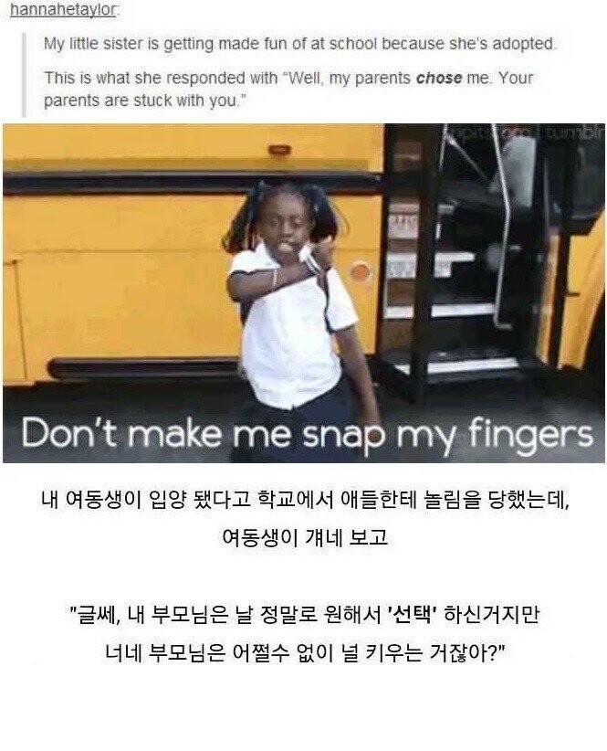 입양됐다고 놀리는 애들에게 뼈때리는 여동생