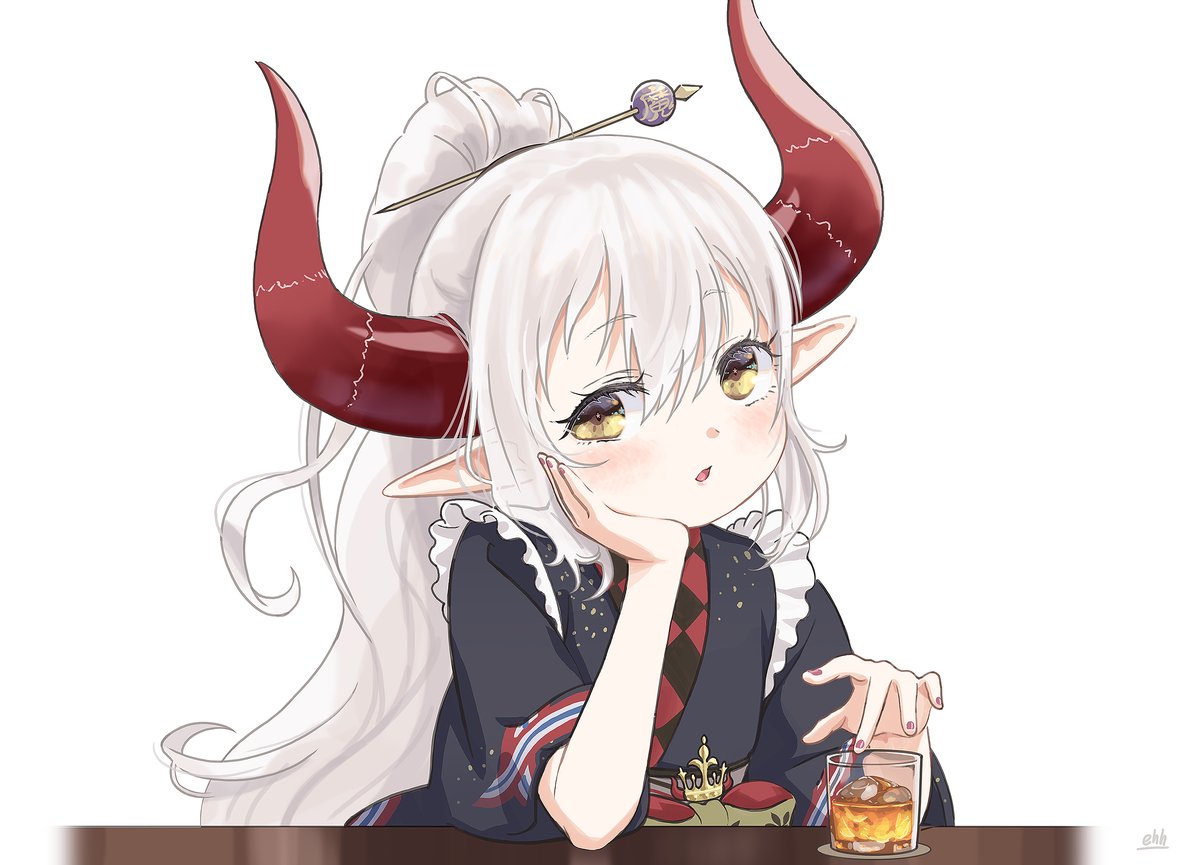1girl horns pointy ears solo kimono red horns japanese clothes  illustration images