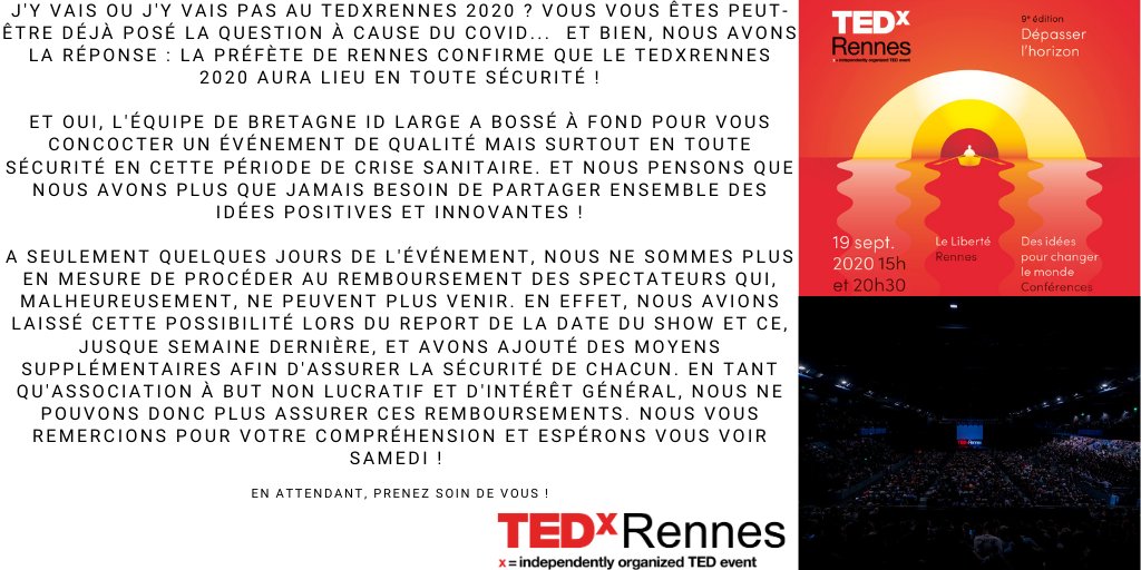 🔗Un maximum de sécurité pour notre public et un événement qui a pensé à tout !
Pour toute les questions autour de l’événement et du contexte actuel, voici de quoi être rassuré. RDV demain ! 📅
#TEDxRennes 
👇🏻