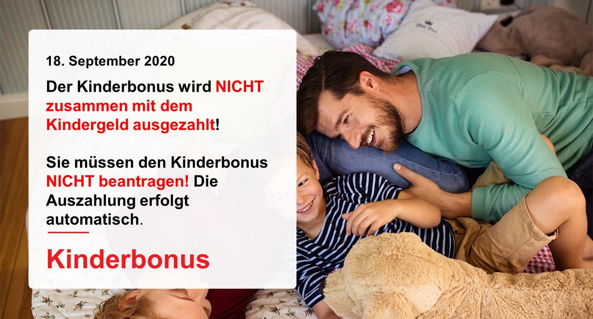 📢 #Kinderbonus: Anspruch, Auszahlung, Höhe 👉  arbeitsagentur.de/familie-und-ki…
❗️ Wichtig: 
• Der Kinderbonus wird nicht zusammen mit dem Kindergeld ausgezahlt!
• Sie müssen den Kinderbonus NICHT beantragen. 
• Die Auszahlung erfolgt automatisch.