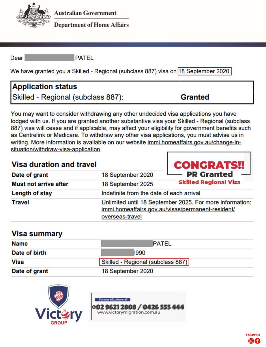 VictoryGroupAU's tweet image. PR Granted for Skilled Regional Visa (Subclass 887)
A big hand for the entire team of Victory Group for successfully processing the Visa Application..
For queries talk to us on 02 96212808 / 04 26555444

#Subclass887 #VictoryGroup #skilledregional #PermanenResident