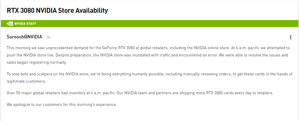 MrDeriv's tweet photo. Donc oui, Nvidia admet bien que la première fournée de 3080 mise en vente hier a été prise d'assaut par des bots, ne laissant aucune chance aux autres acheteurs https://t.co/p8x01VE3TJ