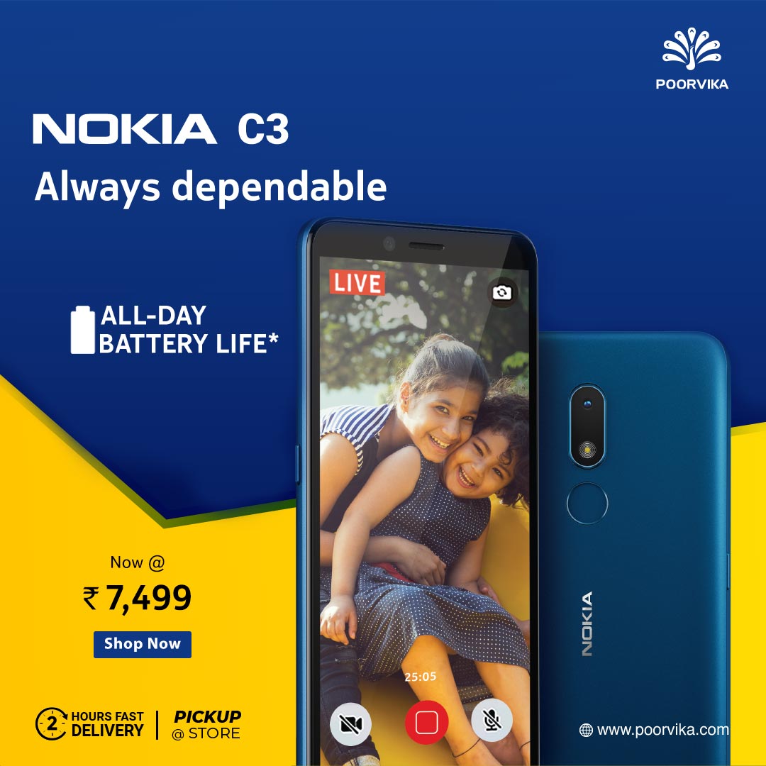 poorvika_india's tweet photo. Truly Dependable, Work or play. Get the #NokiaC3 with all-day #Battery, #OctaCore processor and #GoogleAssistant for just ₹7499*
.
Order Now: https://t.co/9QXM2qadb5
.
2HoursDelivery | PickUp@Store*
.
#Poorvika #PoorvikaMobiles #nokia #nokiamobile #SmartPhones https://t.co/w4mUSuNoIq
