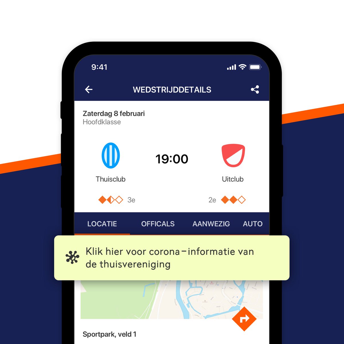Benieuwd naar de corona-regels van de thuisvereniging waar de wedstrijd wordt gespeeld? Kijk in de app bij Wedstrijddetails, daar kunnen clubs namelijk een link naar de corona-regels plaatsen. Update de app naar naar de nieuwste versie 5.3.3.

Meer info: sportlink.nl/nieuw-corona-r…