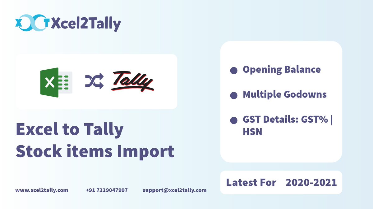 Xcel2Tally's tweet image. Excel to Tally Stock Items Import with
» Opening Quantity | Opening Balance
» Multiple Godowns/Location
» GST Tax Rates %

#Xcel2Tally #Excel2Tally #TallyErp9 #ExcelToTally  #TallyConverter #CharteredAccountants #Accounting #Tallysolutions #StaySafeStayHome #FridayFeeling #GST